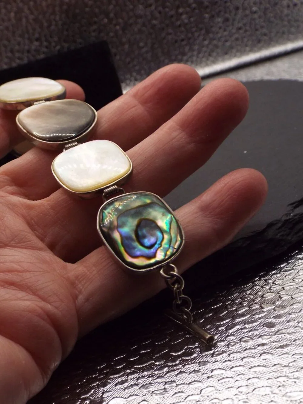 IRIDESCENT MOTHER OF PEARL & ABALONE SHELL PANELS IN STERLING BRACELET 51